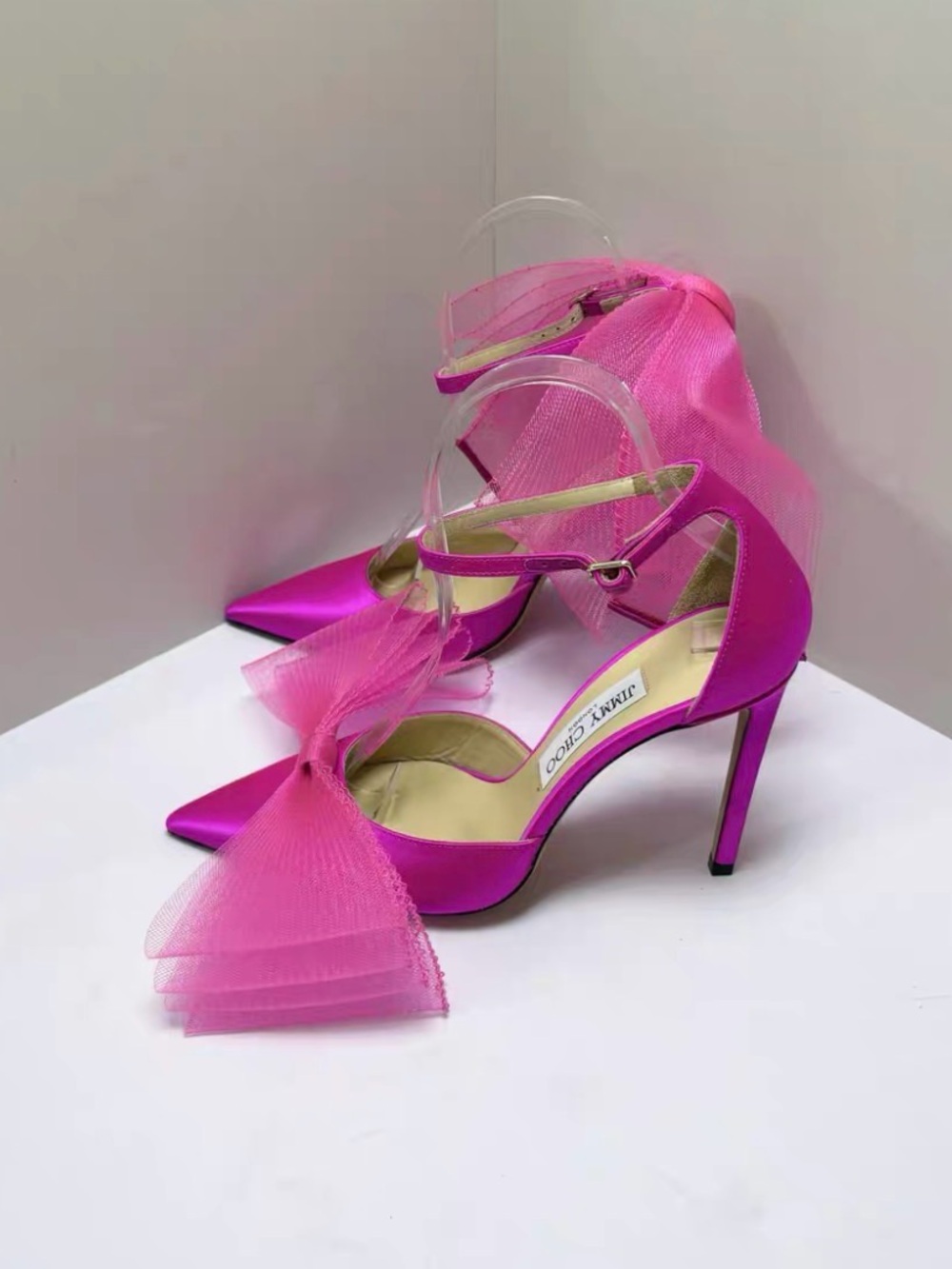 Jimmy Choo Fuchsia Satin Pointed-Toe Stiletto Heels with Tulle Bows